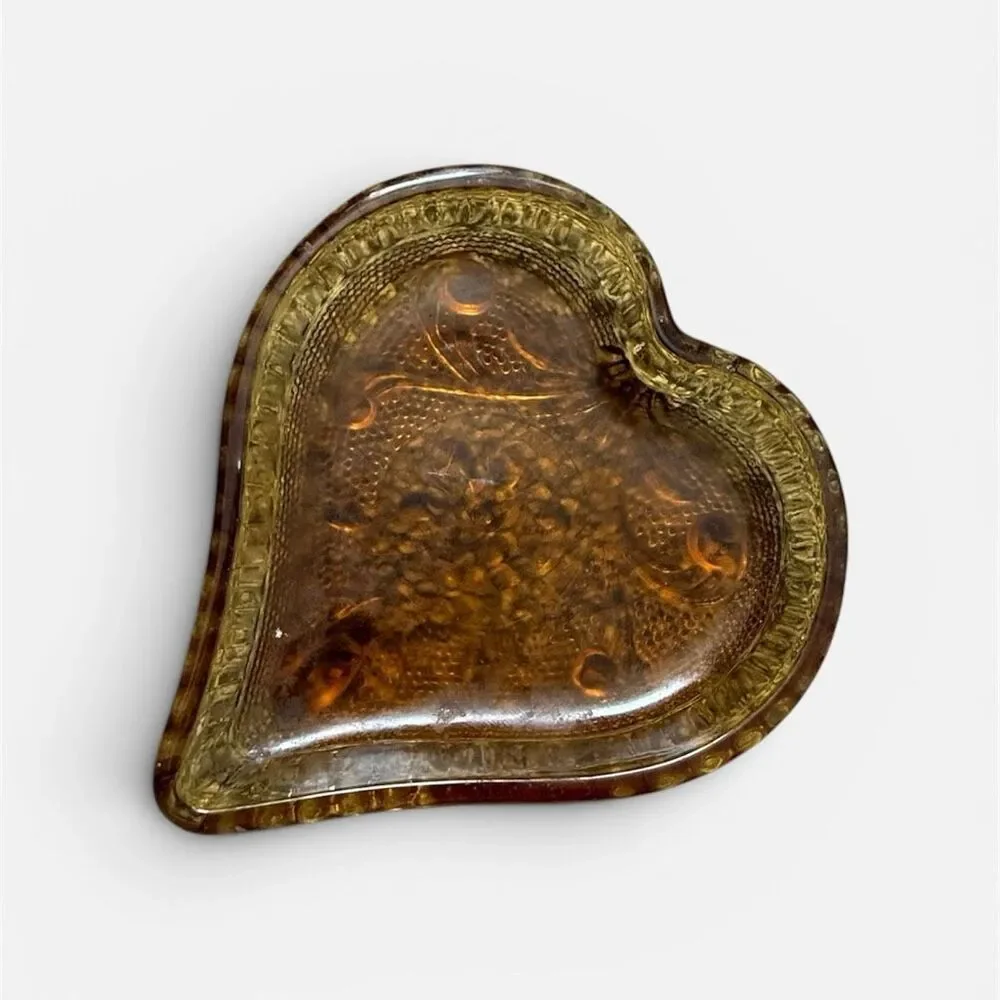 VTG MCM 70s Small Glass Amber Floral Trinket Bowl Heart Sunflower Small